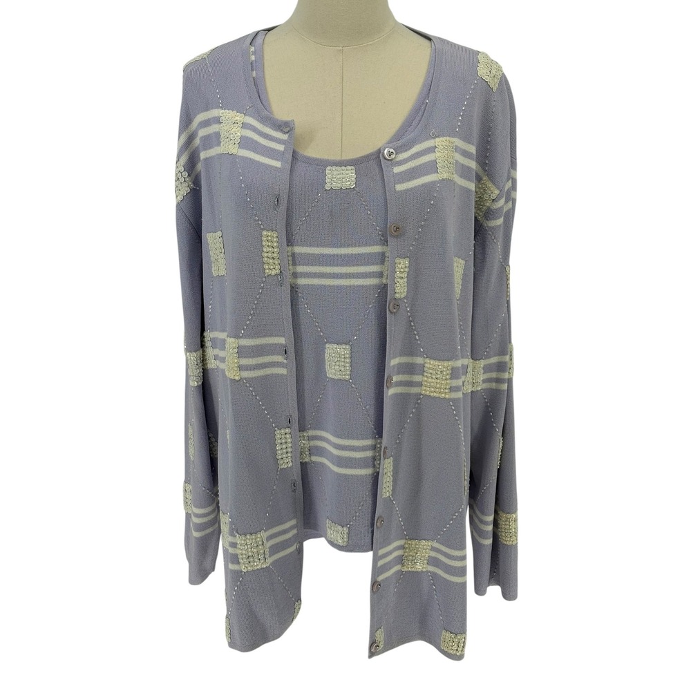 Gardy Cardigan Tank Set Lavender Sequin Beaded Knit Two Piece L